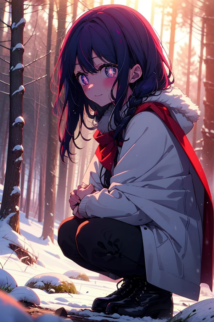 aihoshino, Ai Hoshino, Long Hair, bangs, (Purple eyes:1.1), Purple Hair, (Symbol-shaped pupil:1.5), smile,,smile,blush,white breath,
Open your mouth,snow,Ground bonfire, Outdoor, boots, snowing, From the side, wood, suitcase, Cape, Blurred, , forest, White handbag, nature,  Squat, Mouth closed, Cape, winter, Written boundary depth, Black shoes, red Cape break looking at viewer, Upper Body, whole body, break Outdoor, forest, nature, break (masterpiece:1.2), Highest quality, High resolution, unity 8k wallpaper, (shape:0.8), (Beautiful and beautiful eyes:1.6), Highly detailed face, Perfect lighting, Extremely detailed CG, (Perfect hands, Perfect Anatomy),