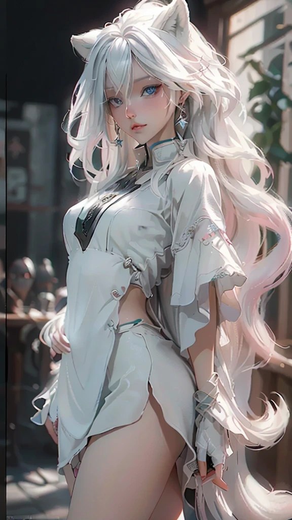 ((best qualityer)), ((work of art)), (detailded:1.4), 3d, a picture of a beautiful,hdr (high-range dynamics),ray tracing,nvidia RTX,Super-resolution,Irreal 5,underground dispersal,PBR Texturing,Post-processing,Anisotropic filtering,Depth of field,Maximum clarity and sharpness,Multilayer textures,Surface shading,Accurate simulation of light-material interaction,perfect proportions,octane rendering,Two-tone lighting,large aperture,Low ISO,White balance,rule of thirds,8K CRU,work of art, best qualityer, (8k very detailded CG unit wallpaper) (best qualityer), (Best illustration), (best shading), (:1. 6), wavy white hair, bright blue eyes HD, pink mouth, pale hair, wolf's ears, spoken wolf tail, white top, white micro thong panties, short clothing