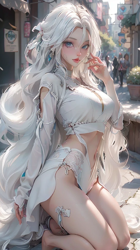 Realistic, high resolution, one girl, white wavy hair, korean, heterochrome eyes, small moles under the eyes, loose wet thin white shirt, lace panties, big breasts, long legs, tight abs, camel toes, sexually bitten lips