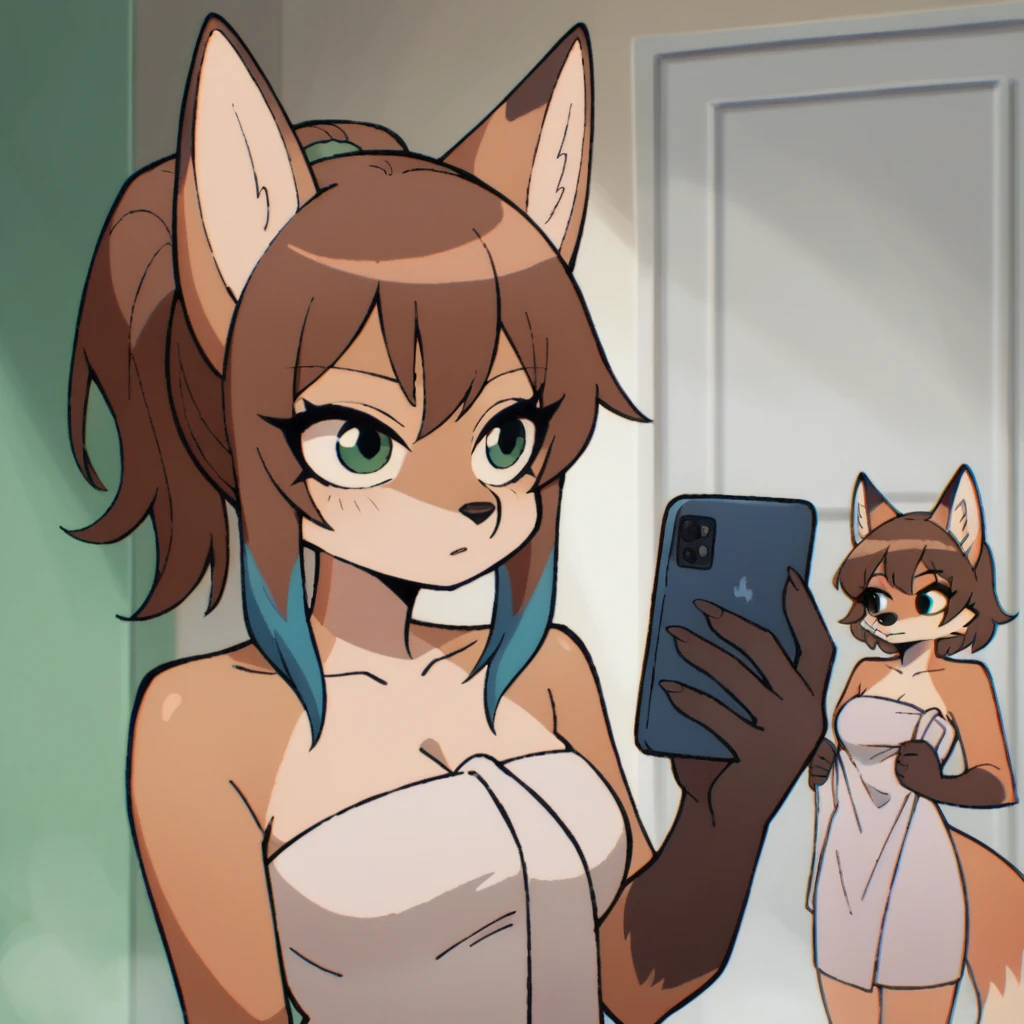 score_9, score_8_up, 1girl, anthro fox, bangs, ponytail, dark brown hair, light brown fur, green eyes, thin, medium breasts, blue highlights, wrapped in towel, holding phone