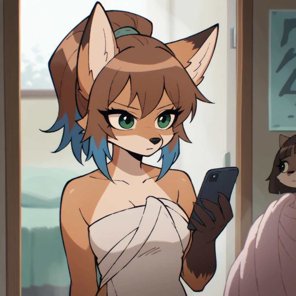 score_9, score_8_up, 1girl, anthro fox, bangs, ponytail, dark brown hair, light brown fur, green eyes, thin, medium breasts, blue highlights, wrapped in towel, holding phone