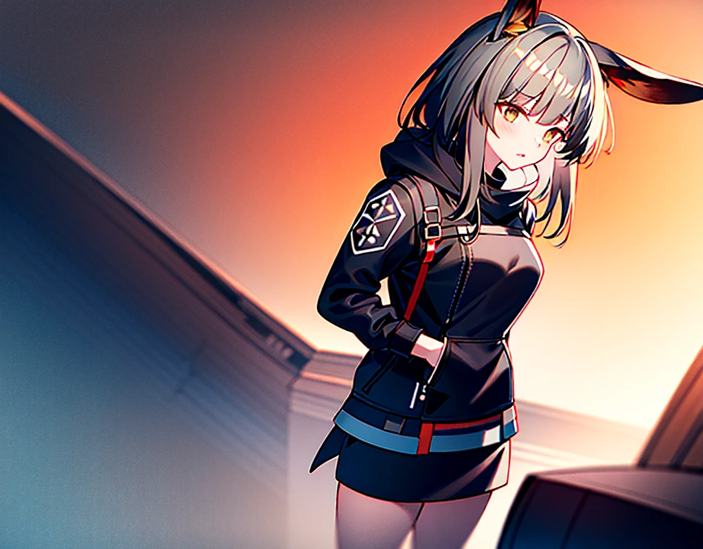 
(Arknights) Amiya standing in the middle of the battlefield, cinematic, high resolution, red-fiery background, best quality, masterpiece, detailed, brown eyes, long dark brown pony style hair, long pointy bunny ears, long sleeves black hoodie leather jacket, dark blue skirt, black stocking with brown-ish light, small bust