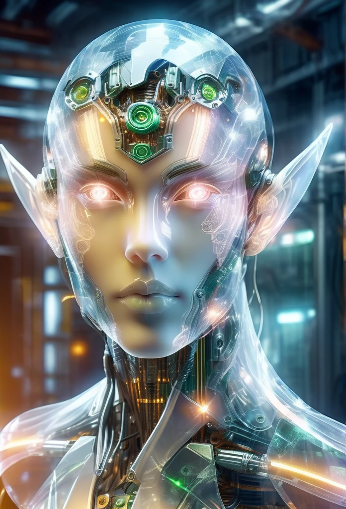 The face of a translucent ethereal mechanical elf,Futuristic elf face,Mechanical connection technology elf face,futuristic background
