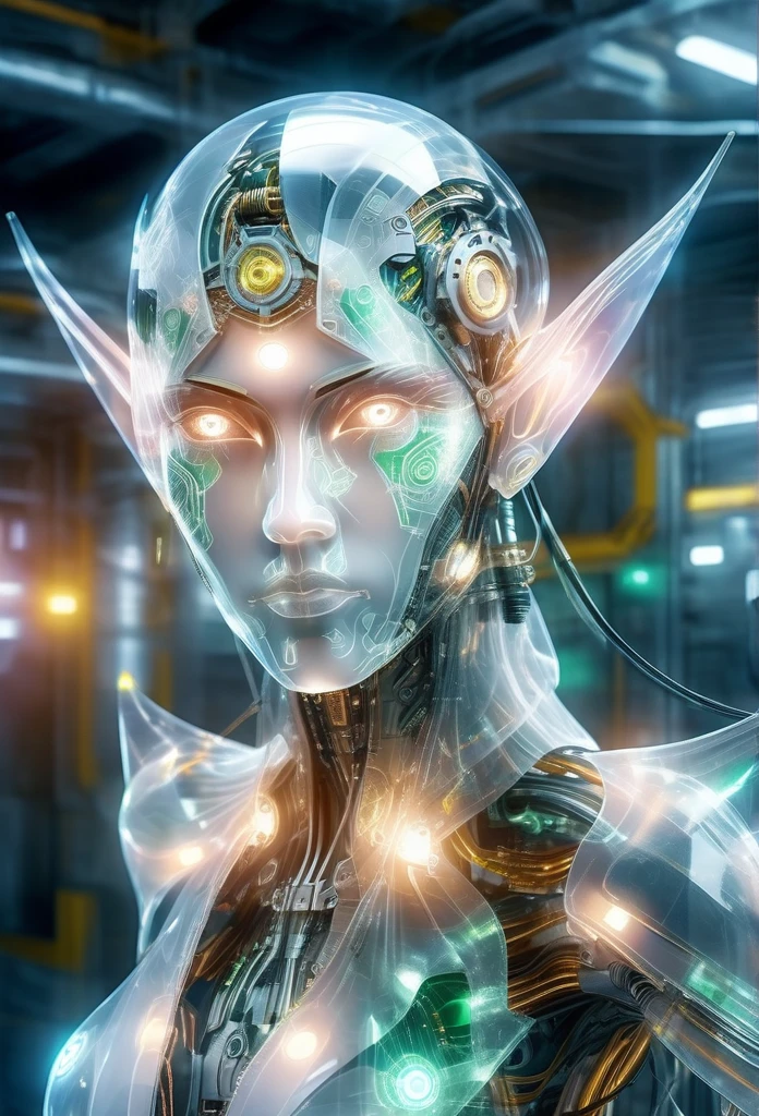 The face of a translucent ethereal mechanical elf，Futuristic elf face，Mechanical connection technology elf face，futuristic background