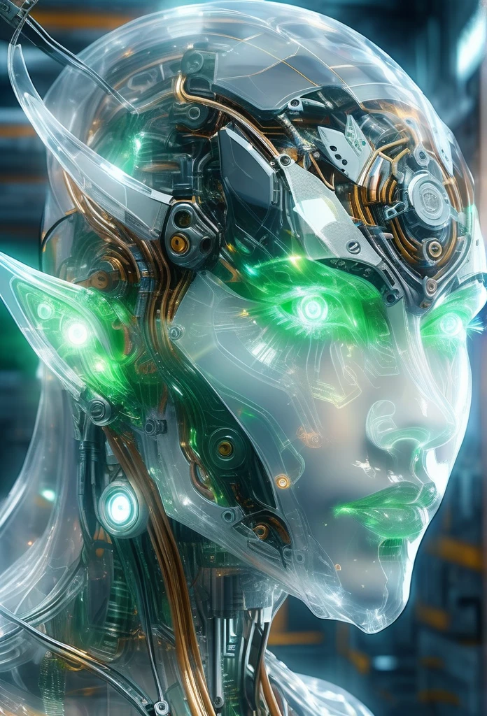 The face of a translucent ethereal mechanical elf,Futuristic elf face,Mechanical connection technology elf face,futuristic background