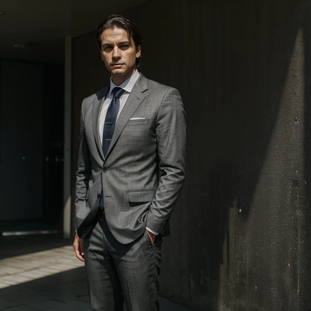 A realistic image of a lawyer in a dark gray suit, with a neutral background, full body, fully visible face, and hands in the pockets. Make sure to capture the details of the suit, the lawyer's facial expression realistically and with high quality. The lighting should highlight the details of the suit and the lawyer's face, providing a sense of depth and realism to the image.
