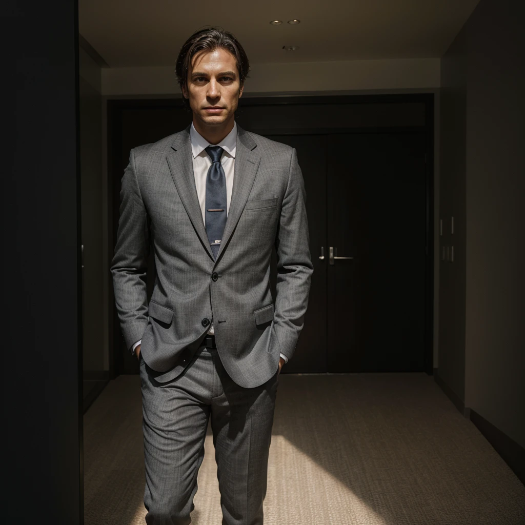 A realistic image of a lawyer in a dark gray suit, with a neutral background, full body, fully visible face, and hands in the pockets. Make sure to capture the details of the suit, the lawyer's facial expression realistically and with high quality. The lighting should highlight the details of the suit and the lawyer's face, providing a sense of depth and realism to the image.