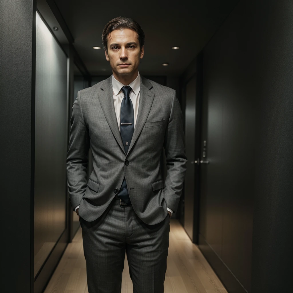 A realistic image of a lawyer in a dark gray suit, with a neutral background, full body, fully visible face, and hands in the pockets. Make sure to capture the details of the suit, the lawyer's facial expression realistically and with high quality. The lighting should highlight the details of the suit and the lawyer's face, providing a sense of depth and realism to the image.