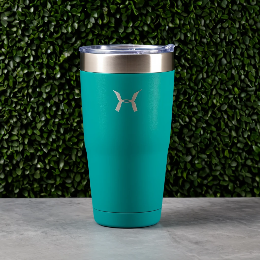 "Create a 6 photorealistic image of a sleek, modern insulated tumbler. The tumbler should have the following features:

Slim, cylindrical shape with a slight taper towards the top
500ml capacity, approximately 8 inches tall
Made of 18/8 stainless steel with a matte finish
Double-wall vacuum insulated construction (not visible, but implied by the design)
Leak-proof lid with a sliding cover for easy drinking
Non-slip base with a subtle rubber ring
Fits standard cup holders (implied by its size)

Show the tumbler in six different color variations:

Minimalist Matte Black: A deep, non-reflective black (HEX: #2C2C2C)
Sleek Brushed Silver: A light, metallic silver with a subtle brushed texture (HEX: #C0C0C0)
Elegant Rose Gold: A warm, pinkish-gold metallic hue (HEX: #B76E79)
Calming Ocean Blue: A serene, medium-toned blue (HEX: #4F84C4)
Vibrant Coral Red: A bright, warm red with a slight orange undertone (HEX: #FF6B6B)
Earthy Forest Green: A rich, deep green (HEX: #228B22)

For each color, create a composition that includes:

A front view of the tumbler
A 3/4 angle view showing the lid detail
A close-up of the sliding cover mechanism on the lid

The tumblers should be placed on a clean, white surface with soft shadows to emphasize their shape and finish. Include reflections on the surface to highlight the premium quality of the material.
Add subtle branding by including a small, elegant 'Joil' logo near the base of each tumbler.
The lighting should be bright and even, showcasing the matte finish and the richness of each color. Ensure that the images convey a sense of premium quality, durability, and style.
In the background, subtly suggest different usage scenarios:

A modern office setting
An outdoor hiking scene
A cozy coffee shop
A gym or fitness studio

These background elements should be out of focus to keep the tumblers as the main subject.
The overall composition should be clean, minimalist, and appealing to a fashion-conscious