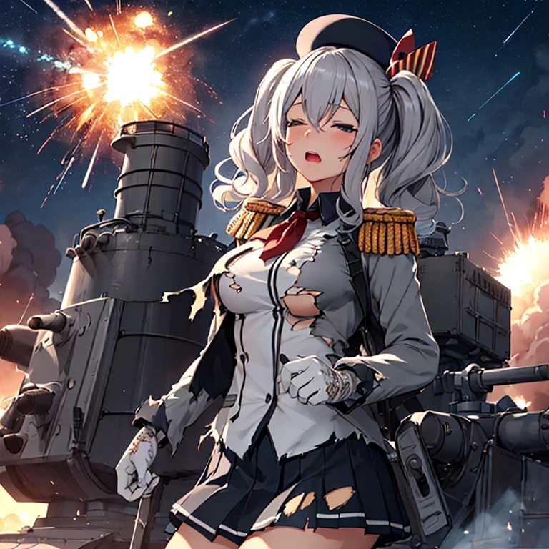 {{kashima (kancolle)}}, blue eyes, medium [[[large]]] breasts, twintails, wavy grey hair, military uniform, dark grey shirt, collared shirt, dark beret, epaulettes, jacket, long sleeves, red neckerchief, pleated grey skirt, white gloves,
kashima_kantaicollection, (masterpiece:1.4), (best quality:1.4), (high quality:1.4), (detailed:1.4), (ultra detailed:1.4),(hyper detailed:1.4),(insanely detailed:1.4), (exquisite:1.4),(beautiful:1.4),(art CG, 8K),1girl solo,(torn clothes:1.6),(Scared:1.4),cry,on Blue sea, expansive (horizon:1.4),(night:1.4),(close eyes:1.4),Scene of Defeat,(explosion:1.6)