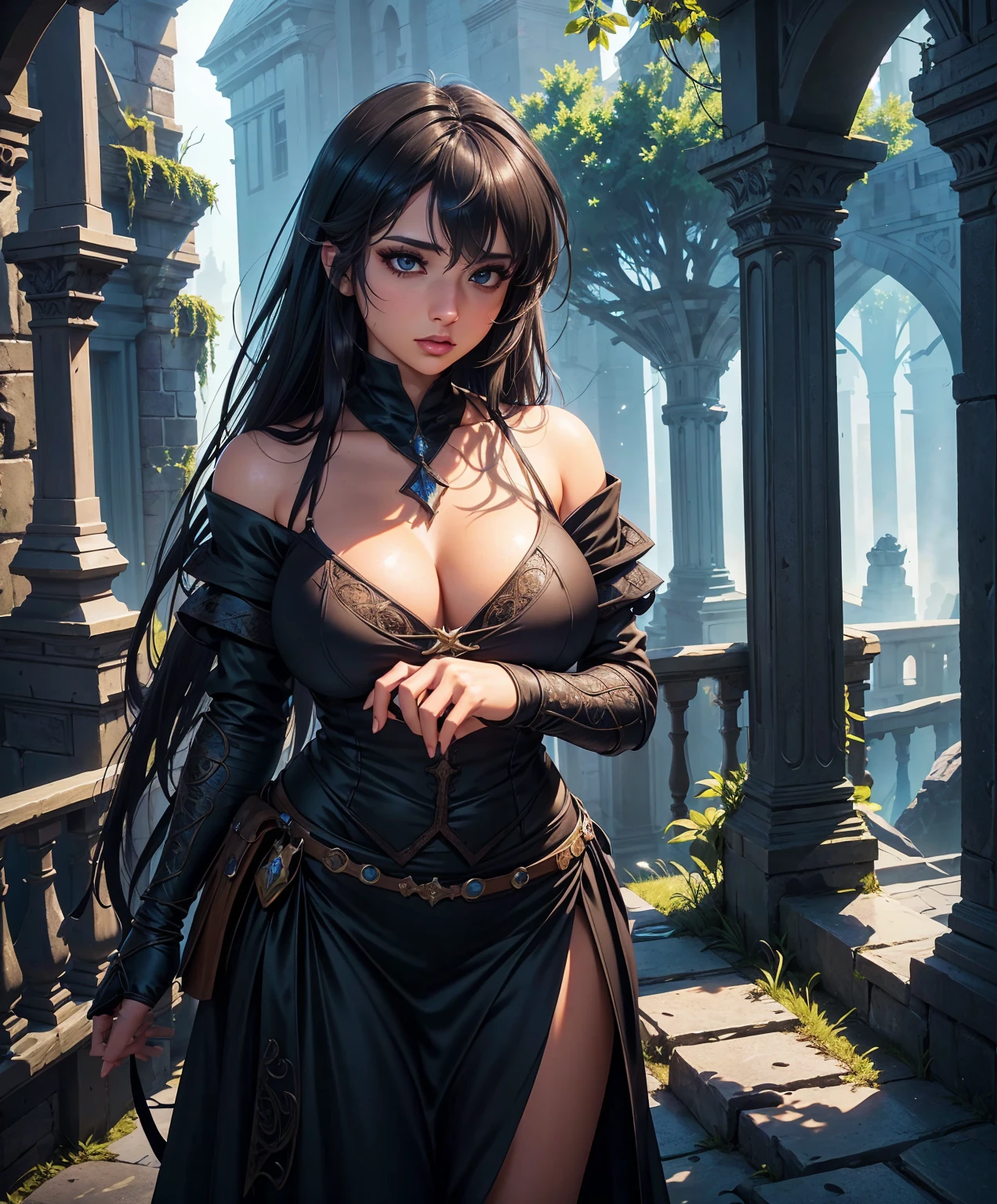 score_9, score_8_up, score_8,  (((Single character image.))) (((1girl))) (((Solo))) (((Dressed in medieval fantasy attire.)))   (((She wears medieval fantasy attire.))) Generate an attractive, sexy female adventurer for a fantasy setting.    Behind her is the crumbled ruins of a dark destroyed medieval city.  She looks dangerous, untrustworthy and somewhat sinister.  She has an intimidating, sinister stare.    It is dark and night time. adventurer, athletic build, excellent physique, confident, gorgeous face, gorgeous body,  detailed and intricate, fantasy setting,fantasy art, dungeons & dragons, fantasy adventurer, fantasy NPC, attractive , ultra detailed, epic masterpiece, ultra detailed, intricate details, digital art, unreal engine, 8k, ultra HD, centered image award winning, fantasy art concept, digital art, centered image, flirty, best quality:1.0,hyperealistic:1.0,photorealistic:1.0,madly detailed CG unity 8k wallpaper:1.0,masterpiece:1.3,madly detailed photo:1.2, hyper-realistic lifelike texture:1.4, picture-perfect:1.0,8k