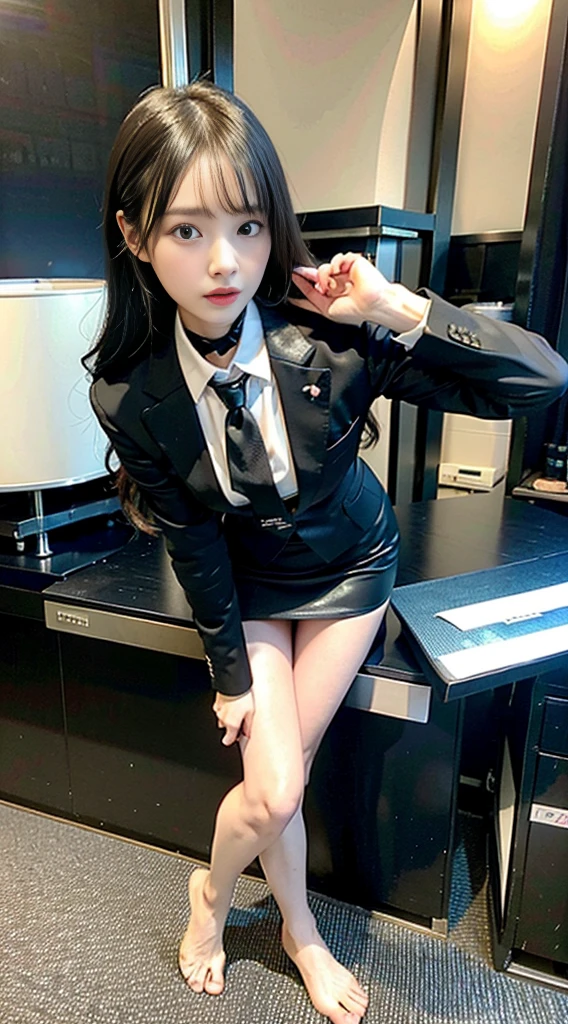 1 Girl, (Watch Viewer), (Bokeh: 1.1), Parted Lips, Expressionless, Realistic, Black Tight Mini Skirt,
business suit, OL, thin thighs, small buttocks, beautiful legs, delicate, Japan fashion model, thin face,
Best quality, (photorealistic: 1.4), ultra high resolution, big mini skirt, black suit and tie woman, suit girl, suit girl, strict business suit wearing, business suit wearing, business suit wearing, black business suit wearing, Japan woman fashion model, black business suit wearing, fashion suit wearing black suit wearing black noble suit, Business suit wearing, black slim clothes, woman posing for photo, beautiful Japan girl face, asian beautiful face, young cute one asian face, beautiful asian girl, girl cute little face, beautiful young korean woman, Japan facial features, young adorable korean face, gorgeous young korean woman, young asian girl, beautiful korean woman, Beautiful asian young woman, standing facing forward, composition visible from above knees to head, knees visible, camera gaze, standing, full body shot, hyperrealistic, front shot full body, bare feet, (face only LoRA applied, bare feet)