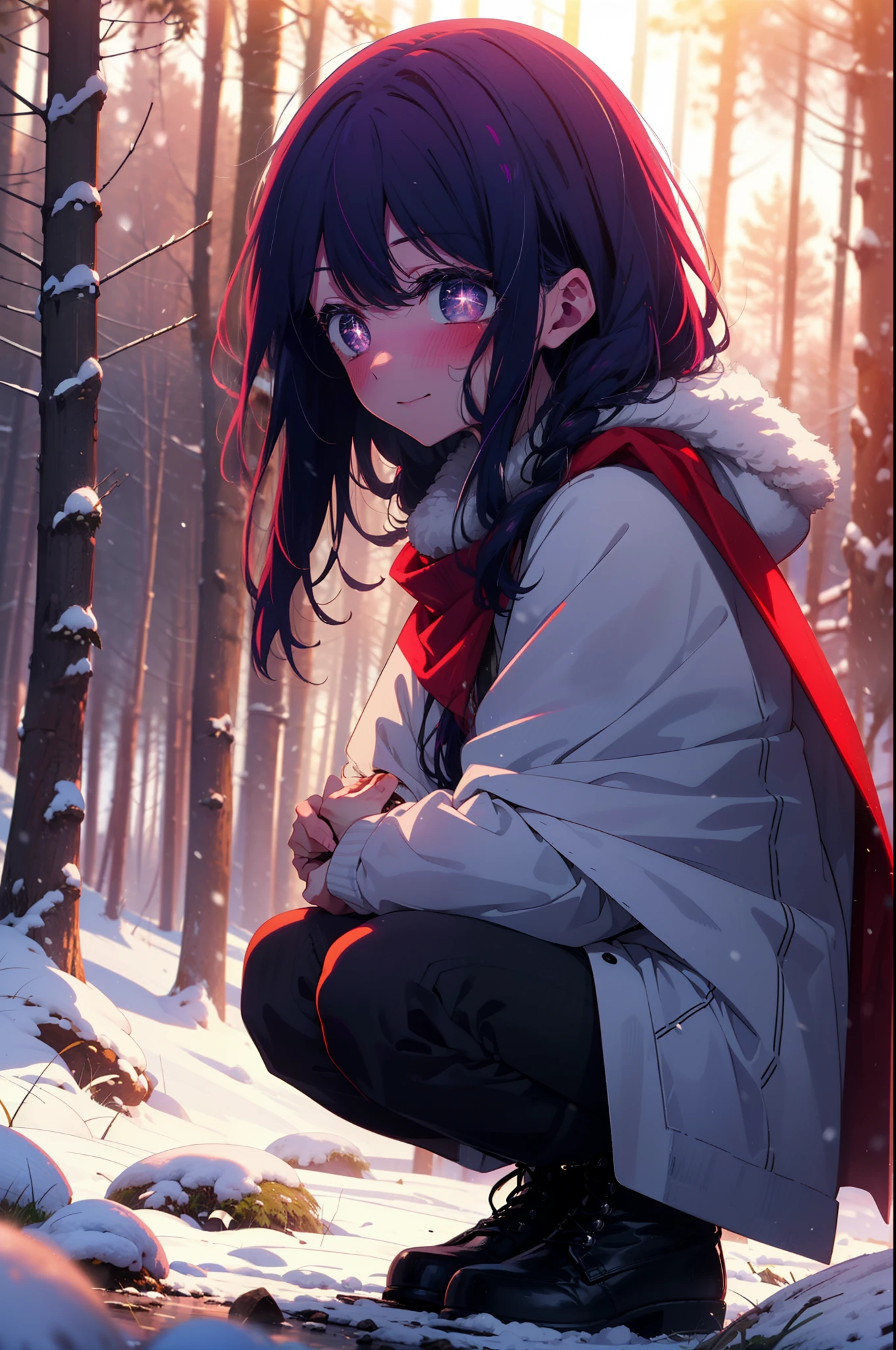 aihoshino, Ai Hoshino, Long Hair, bangs, (Purple eyes:1.1), Purple Hair, (Symbol-shaped pupil:1.5), smile,,smile,blush,white breath,
Open your mouth,snow,Ground bonfire, Outdoor, boots, snowing, From the side, wood, suitcase, Cape, Blurred, , forest, White handbag, nature,  Squat, Mouth closed, Cape, winter, Written boundary depth, Black shoes, red Cape break looking at viewer, Upper Body, whole body, break Outdoor, forest, nature, break (masterpiece:1.2), Highest quality, High resolution, unity 8k wallpaper, (shape:0.8), (Beautiful and beautiful eyes:1.6), Highly detailed face, Perfect lighting, Extremely detailed CG, (Perfect hands, Perfect Anatomy),