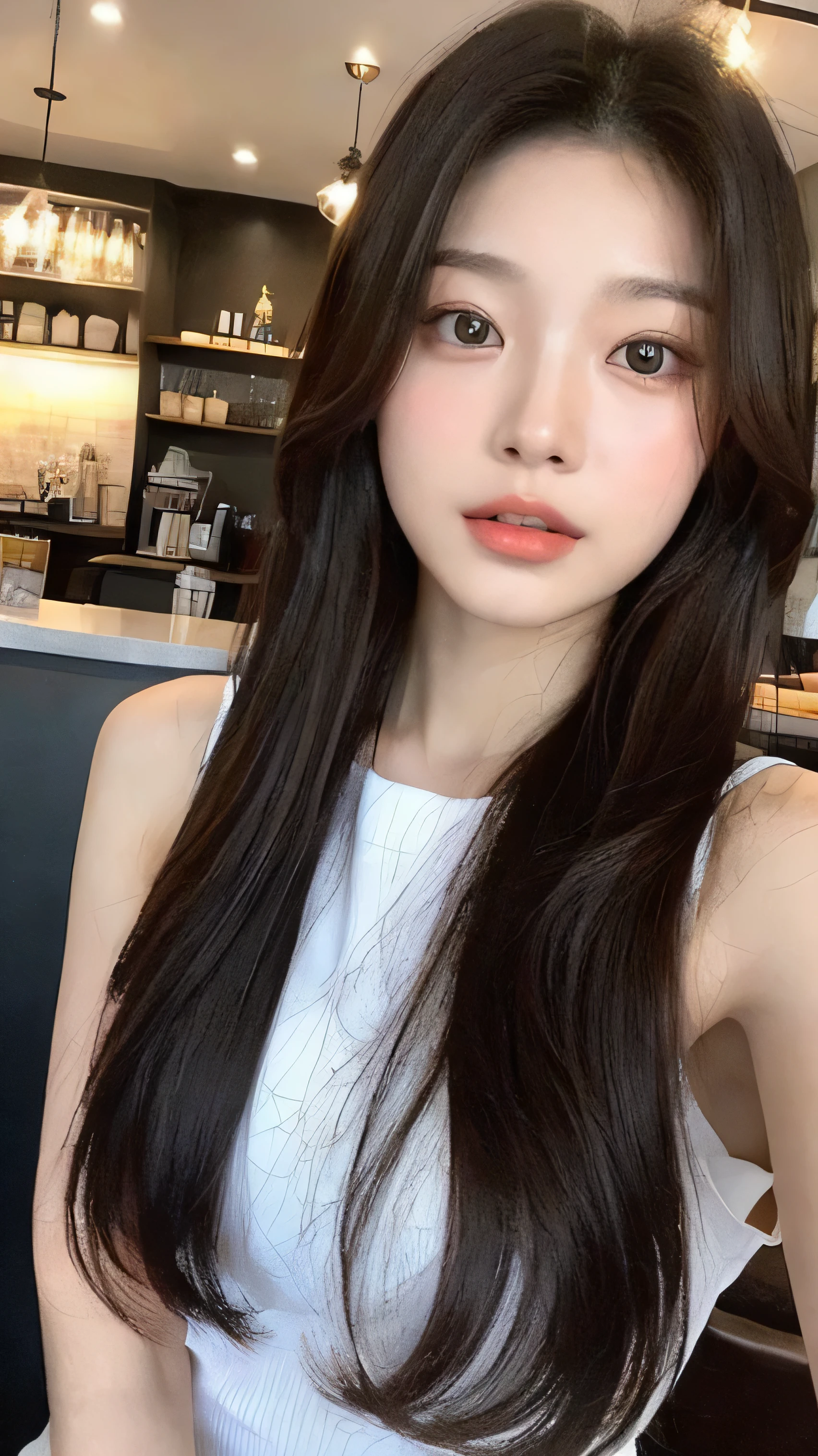 1 asian girl,The face shape and eyes are super beautiful,Hair length to shoulders,Like a selfie in a cafe,Dark hair,square round face