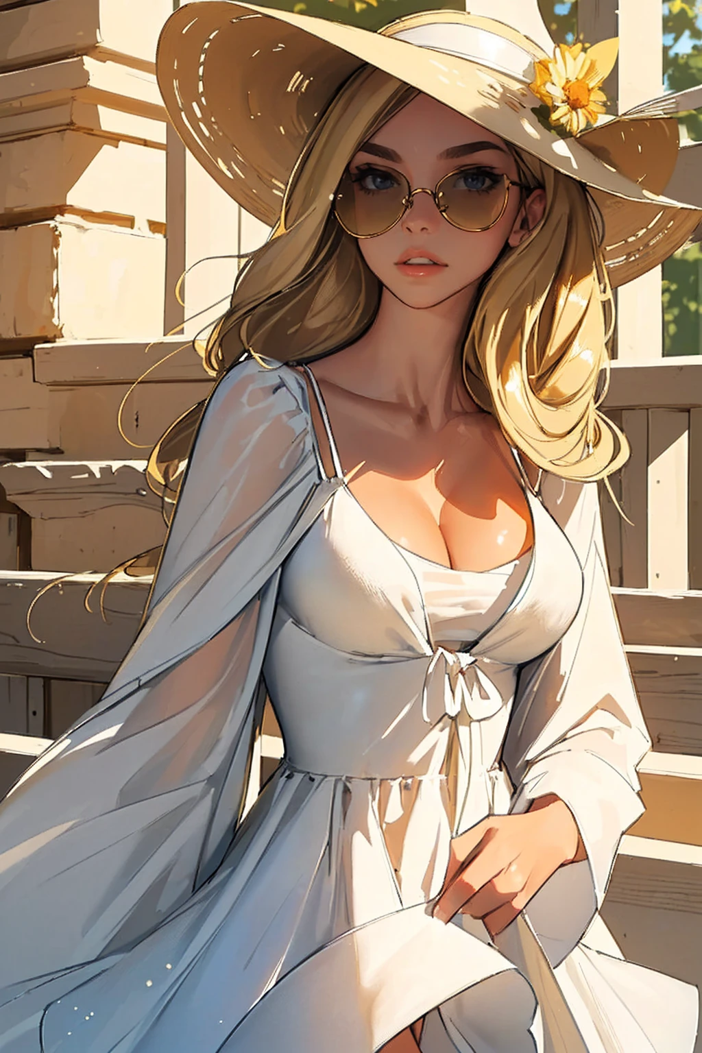 (best quality: 1.2), clean face, (masterpiece: 1.2, 8k) perfect anatomy, 1girl,a beautiful fashion model ,(masterpiece, official art, best quality  shiny hair, blonde hair with streaks in hair, full lips,  big breasts, slutty outfit, cleavage, shiny skin, looking at viewer, (sun dress, sun hat, sun glasses), long abdomen