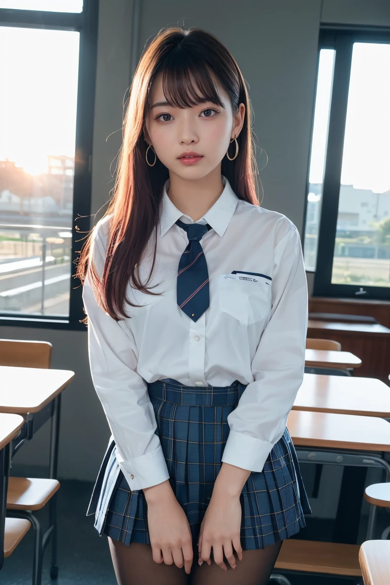 ((Highest quality, 8k, masterpiece: 1.3, One girl, beautiful girl)), cute, dynamism, Detailed face, Detailed skin, Detailed clothing, Detailed eyes, Detailed lips, Detailed tongue, Detailed fingers, Mouth details, Realistic, RAW Photos, High resolution, Natural light, Dynamic pose, Perfect Anatomy, Toned Legs, double eyelid, Tear bags, Round eyes, Moisturized lips, Sweaty, ((This passage, Marine Kitagawa)) Blonde and pink hair, Metal collar, ear Earrings, Earrings, Long Hair, Earrings, Red Eyes, Straight hair, Swept-apart bangs, Gradient Hair, School uniforms, White shirt, tie, Checkered Pleated Skirt, Ecstatic face, Ahegao, Drooling, View your viewers, (pantyhose, Pull down your panties, Grab your own chest), In the classroom at sunset, pubic hair
