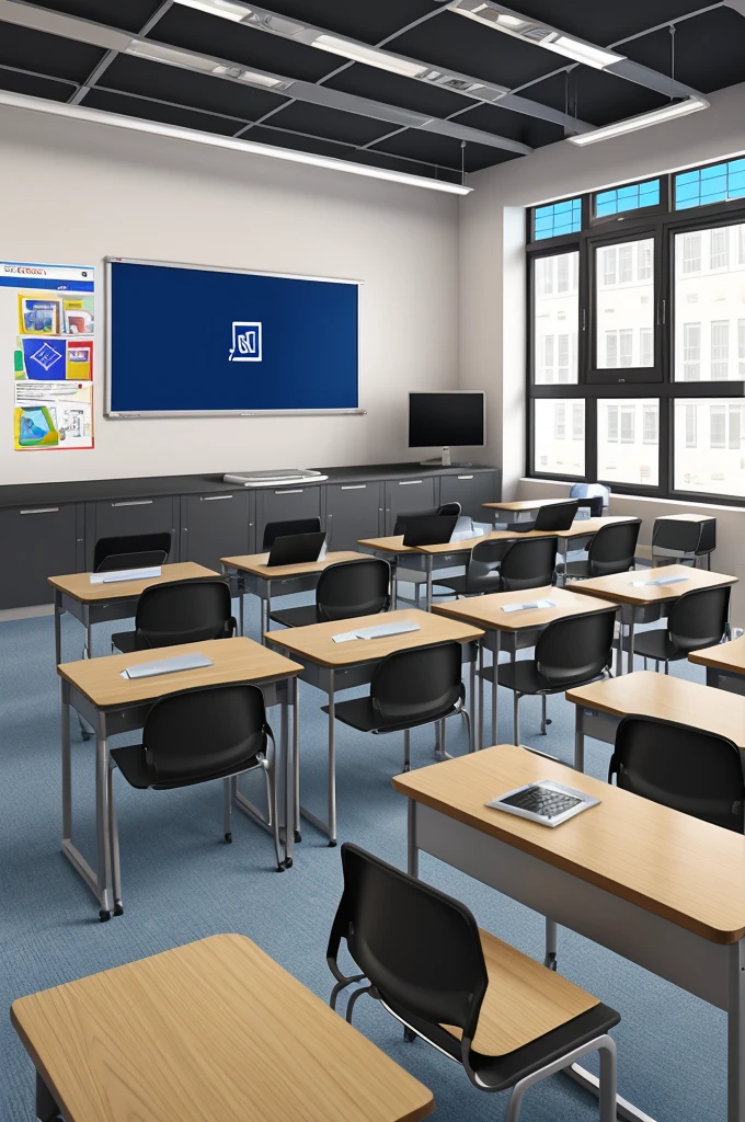 Create an image of a modern, high-tech classroom with students using tablets and laptops. The banner should read 'EJAD AI - Revolutionizing Education'. Include a sleek logo of EJAD AI in the corner."