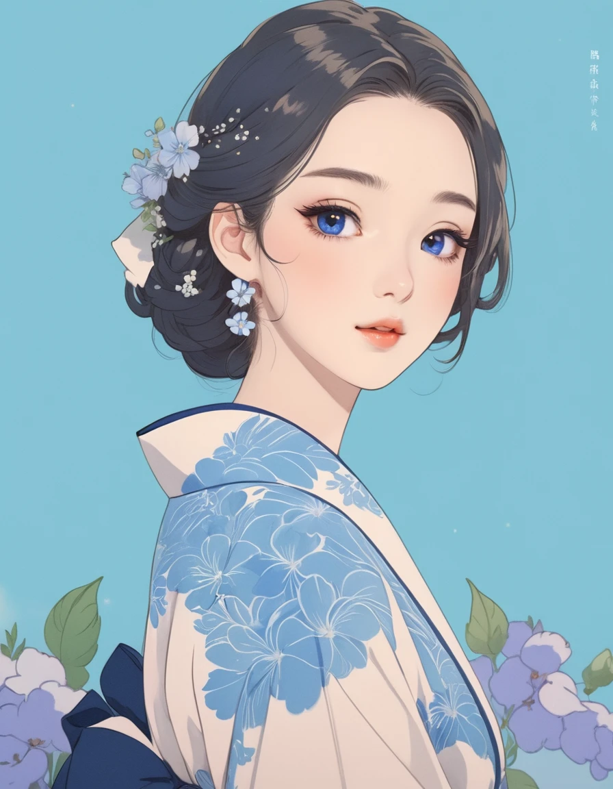 A woman in a blue and white dress with flowers in her hair, Beautiful artwork illustration, Beautiful digital illustrations, Digital anime illustration, Exquisite digital illustrations, Trending on artstration, Anime-style illustrations, Cute and detailed digital art, Japanese art style, Soft anime illustration, Cute art style, Beautiful anime art style, Amazing digital illustrations, Beautiful anime portraits