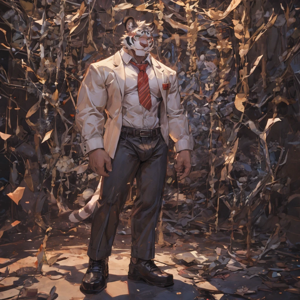 {{bara extremely handsome white tiger,}} {{white fur,}} white, professional model like, wearing elegant ornate suit jacket, trousers, white dress shirt and necktie, white fluffy furry body and limbs, loafers, very tall, very broad shoulders, narrow waist, muscular arms, massive pecs, purple eyes, very long legs, massive bulge, sophisticated hot look, 3/4 view, best quality, high detail, CG image, character splash art, silver earring on left ear, sultry smirk