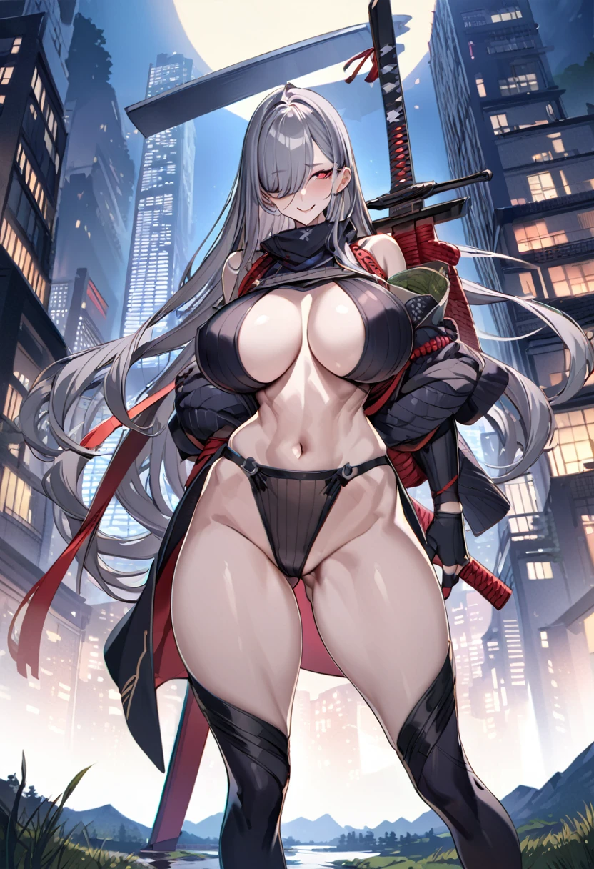 Best Quality, 8k, High resolution, high quality, masterpiece, Beautiful, (Anatomically correct:1.2), A beautiful woman, 20th Generation, Silky gray hair, Straight Long, long bangs that hide one eye, Red eyes, Beautiful Skin, Tall and toned body, pointy big breasts,ninja, Carrying a sword on your back, valley, night, skyscraper, evil grin, (face focus),