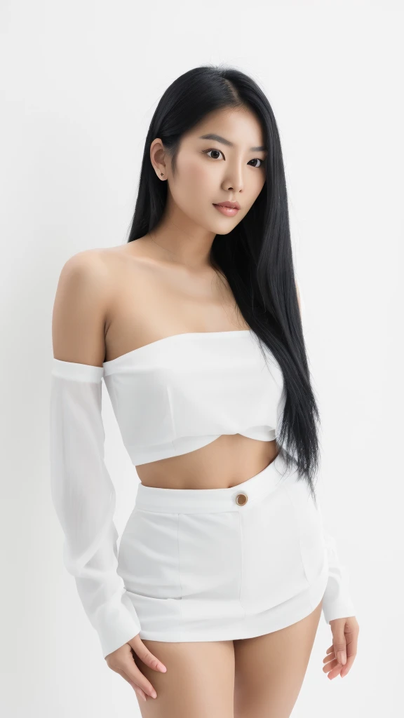 Beautiful asian girl, mid 30s, with black hair, and white clothes. Pose like a model. White background, bright ambience. Model photoshoot, Studio lighting, Beauty photoshoot, 8K resolutions, super realistic skin.