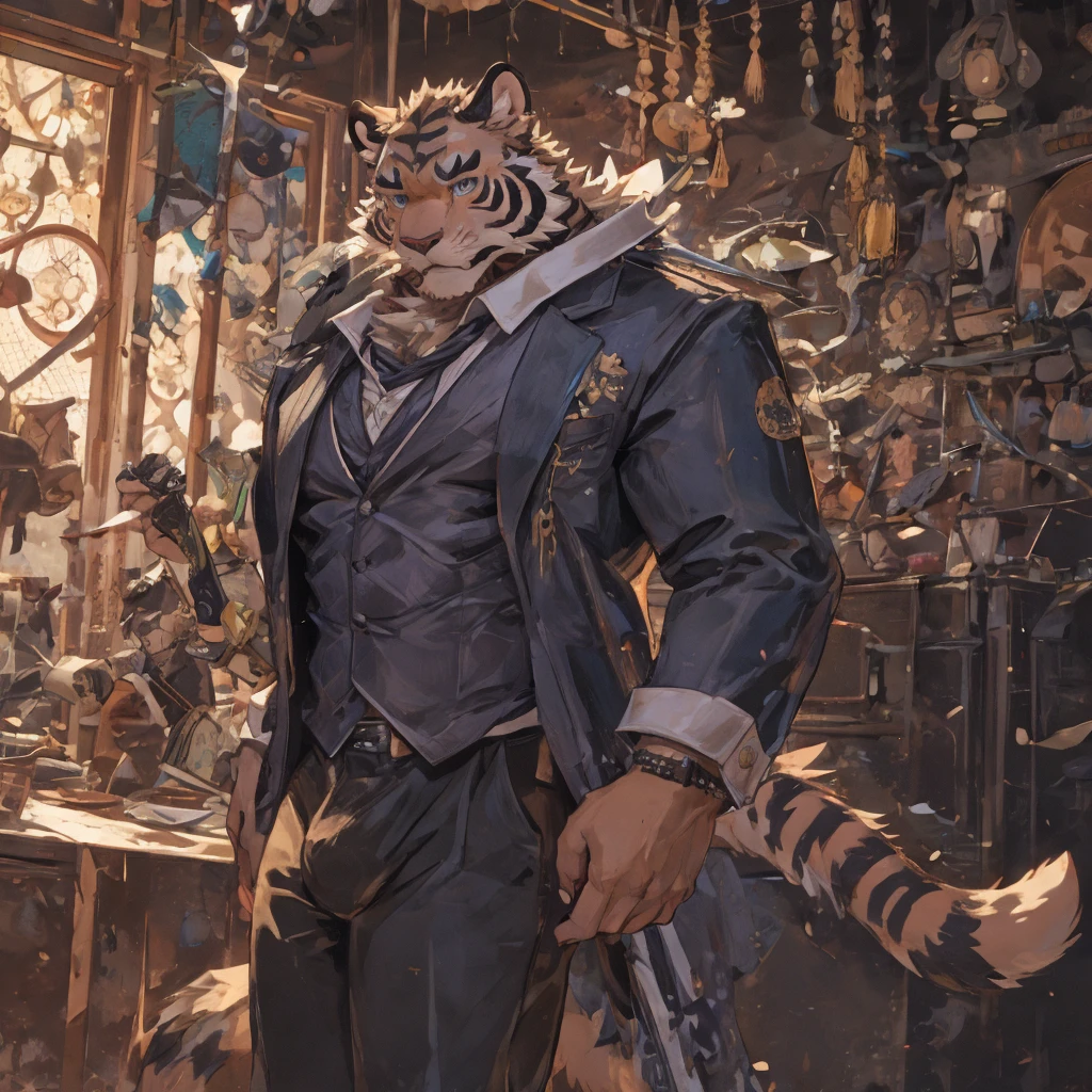 {{bara extremely handsome white tiger,}} {{white fur,}} white, professional model like, wearing elegant ornate suit jacket, trousers, white dress shirt and necktie, white fluffy furry body and limbs, loafers, very tall, very broad shoulders, narrow waist, muscular arms, massive pecs, purple eyes, very long legs, massive bulge, sophisticated hot look, 3/4 view, best quality, high detail, CG image, character splash art, silver earring on left ear, sultry smirk