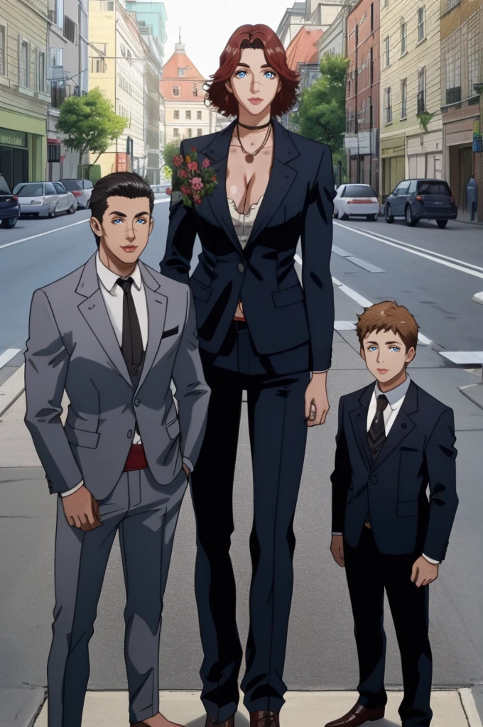 Tall wife in the middle, short husband in the left, short son in the right, beautiful faces, wife is wearing suit and pants, wife has big , wife is showing cleavage, wife is ripped, wife's suit has a belly button cutout, wife has ripped visible abs, make the girls even more taller than the boys, boys are very thin and weak, boys wearing suit and pants, wife is standing barefoot, boys are wearing office shoes