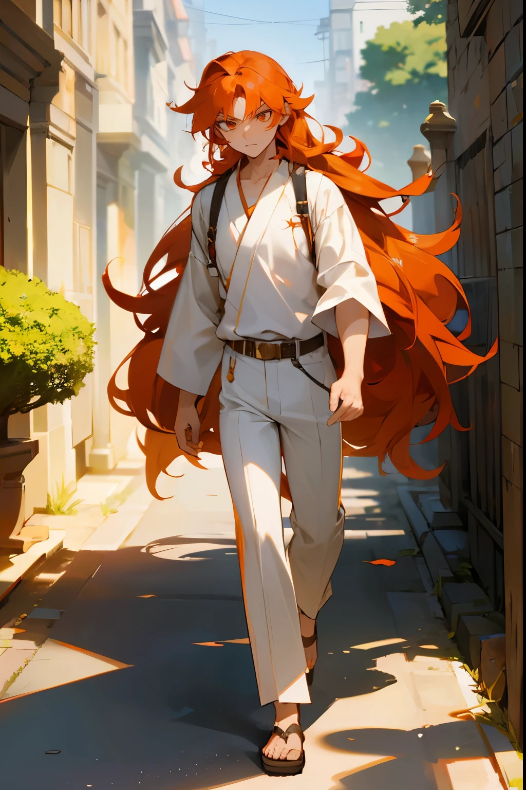 1male , Orange Hair , Undercut Hair , Long Wavy Hair , Sanguine Eyes , Combat Yukata , Serious Expression , Baggy White Pants , Walking on path , Sunny Background , Ancient City Background , Perfect Generation