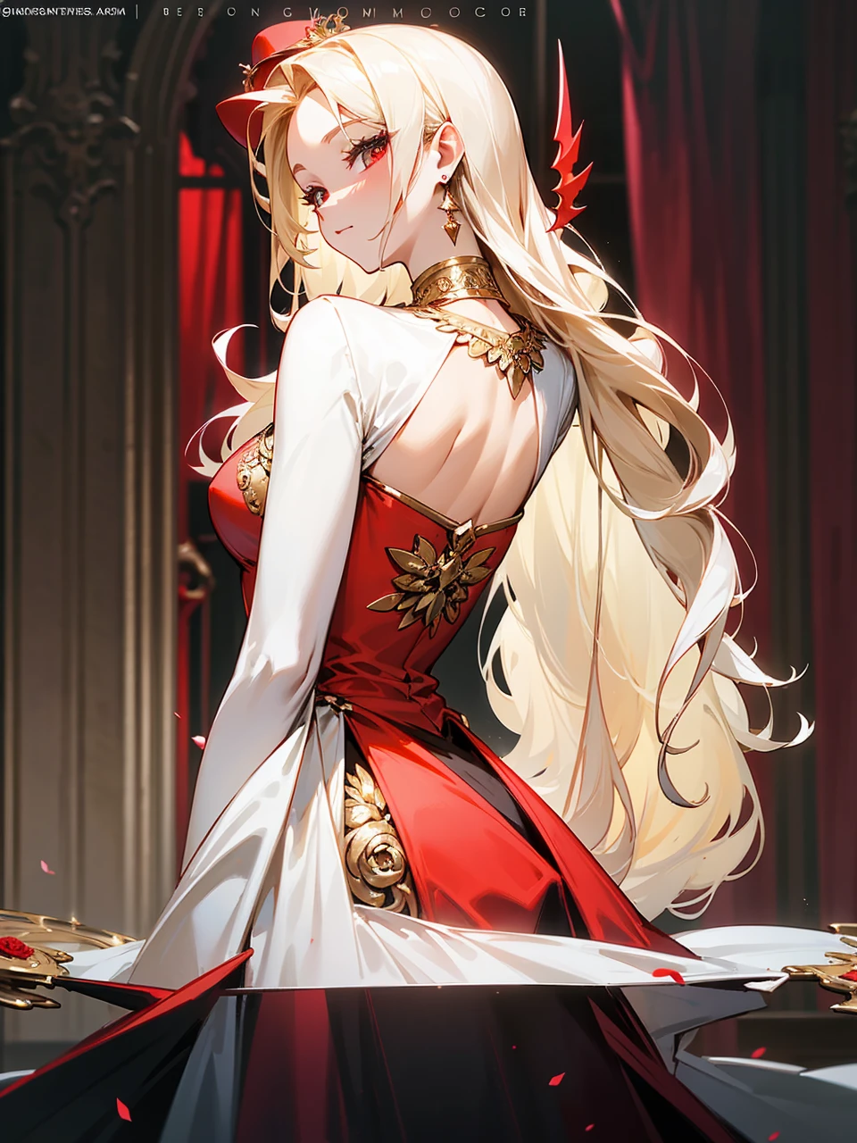 Add in roses to her dress, a good back dress design with some golden jewelry, make her dress into a red and white gown with a hat, give her some unique Jewelry, and make her look somewhat of a demonic angel like appearance to her