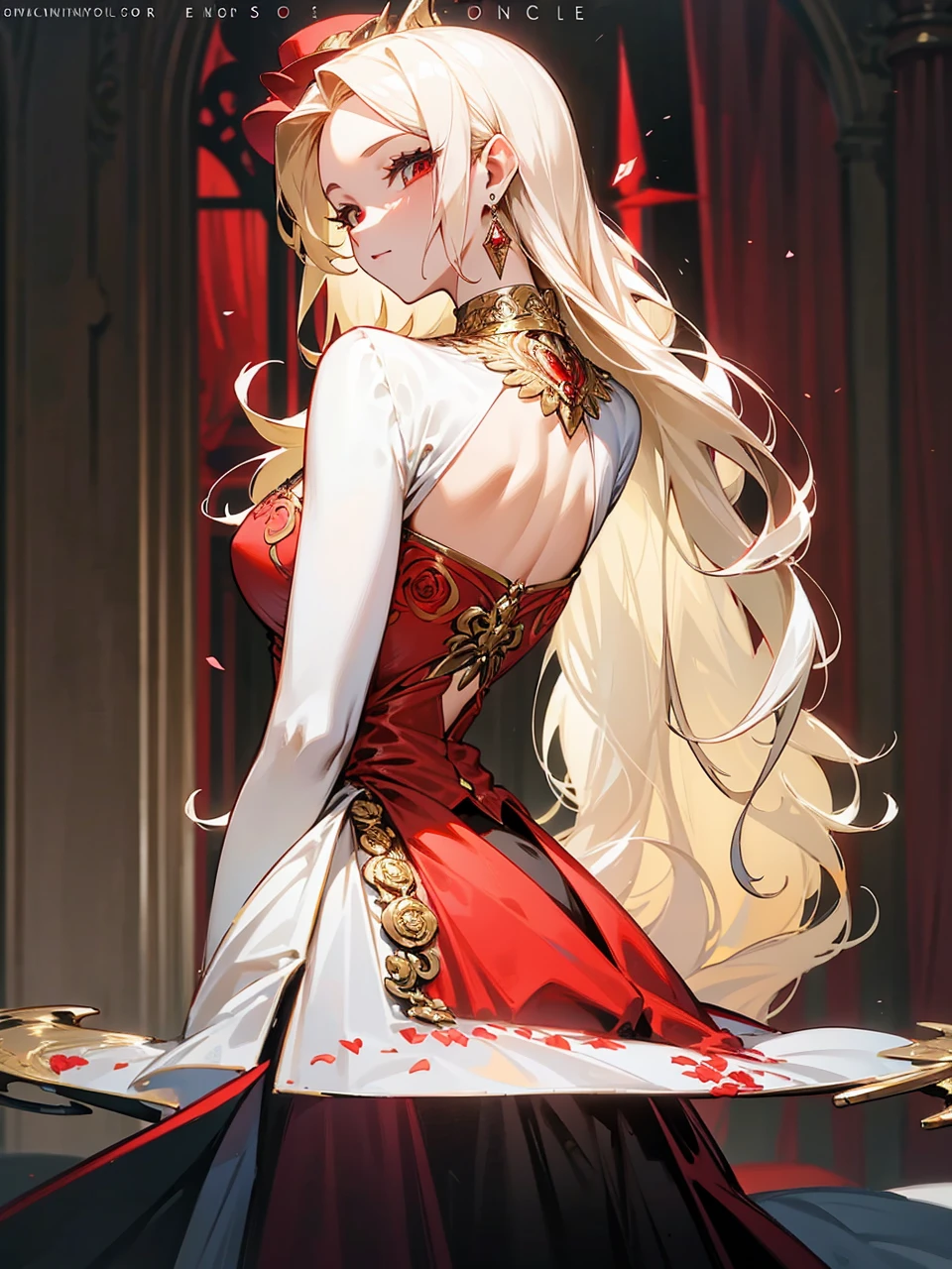 Add in roses to her dress, a good back dress design with some golden jewelry, make her dress into a red and white gown with a hat, give her some unique Jewelry, and make her look somewhat of a demonic angel like appearance to her