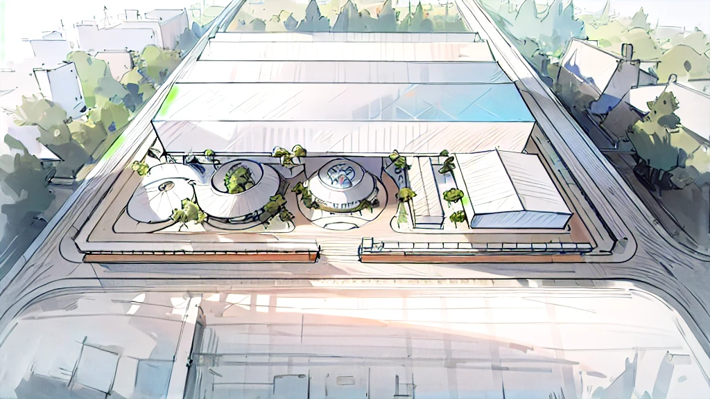 a sketch of a beautiful gallery square, a lot of trees around, curve roof, metal sheet roof, glass curtain wall, hyper realistic, bird view, 4k, masterpieces