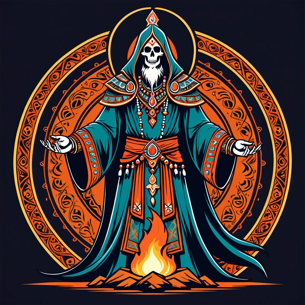 viking necromancer in indian folk outfit, vector graphics, strong contours