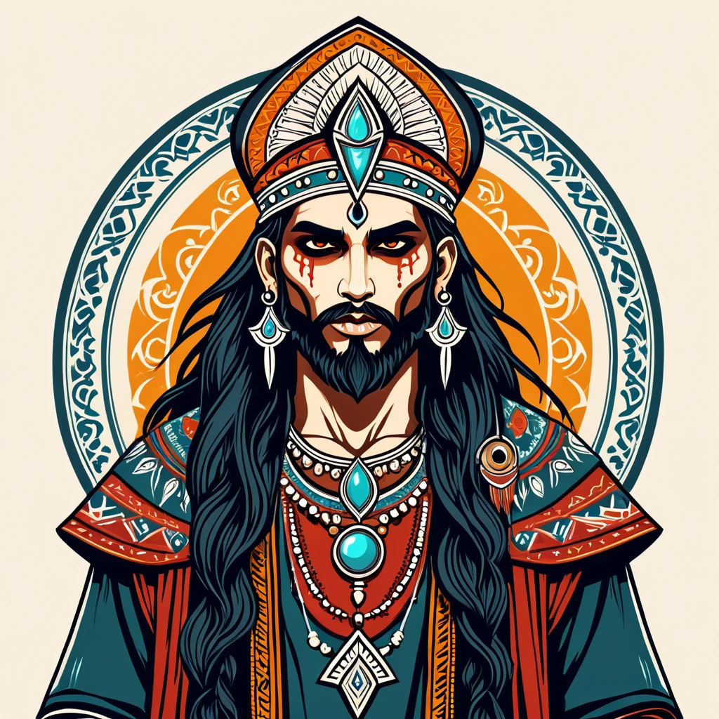 viking necromancer in indian folk outfit, vector graphics, strong contours