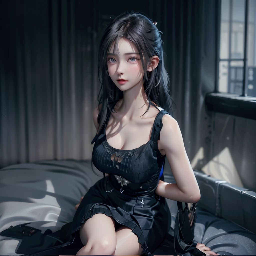 woman,Large, full breasts,Slim body,Transparent dress,Low-cut tube top,High Ponytail,Colorful hair,Suit,black,blue eyes,Well-proportioned body,Korean woman,Realism,comics,(masterpiece), (best quality), (Extremely detailed),(illustration), (1 Girl),Looking at the audience, (interview),Beautiful and delicate eyes, Delicate and beautiful face, floating,(High Saturation),(shining), Chest, yaohu,Law ball, Fox ears, Fox Girl, Cross your legs, thigh