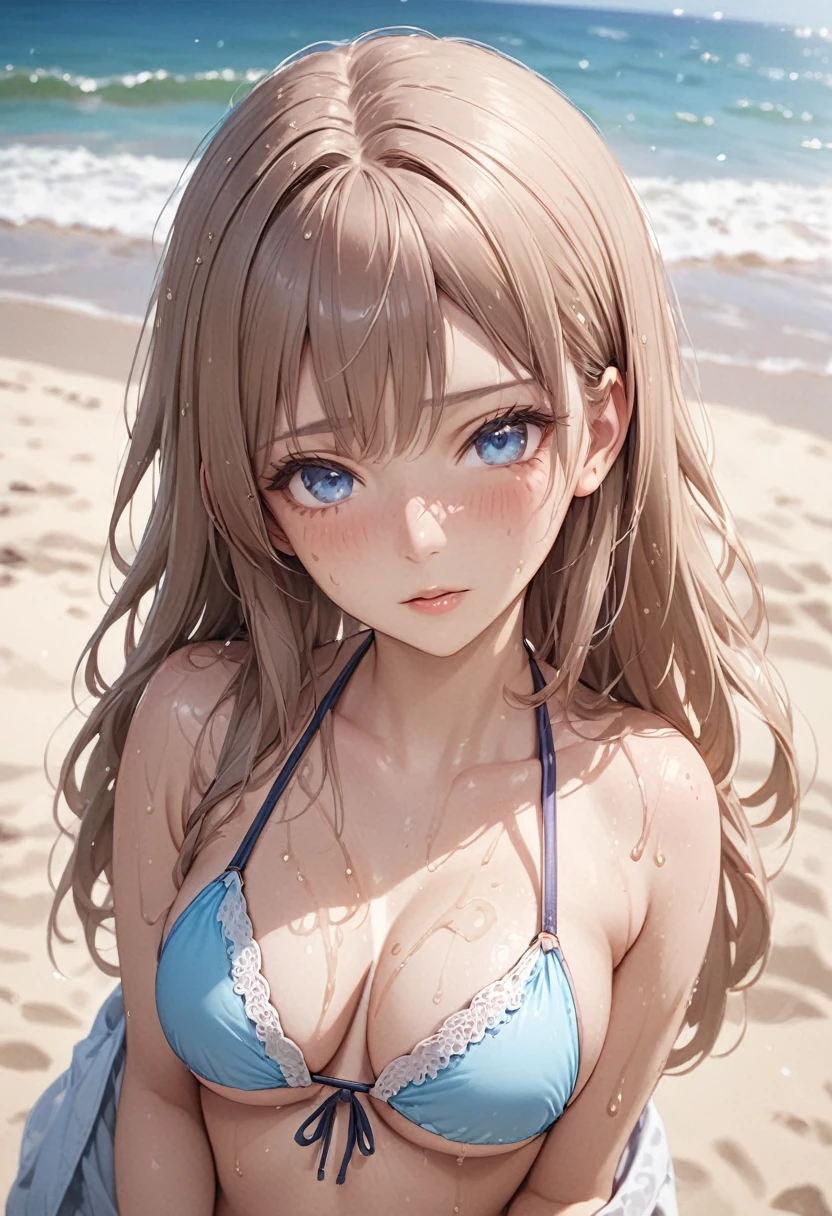 Highest quality, Soft Light, (Written boundary depth) ,Ultra-high resolution, (Realistic:1.4), RAW Photos, (from before) 1 girl, alone, cute, (Blue eyes), 金hair, Brown skin, Sunburn, sexy, lure, Beautiful face in every detail, (long_hair ), (bikini:1.4) , Embarrassing ,マイクロbikini ,Beach, beach , Highly exposed, Wet Skin , Pink Cheeks, ,