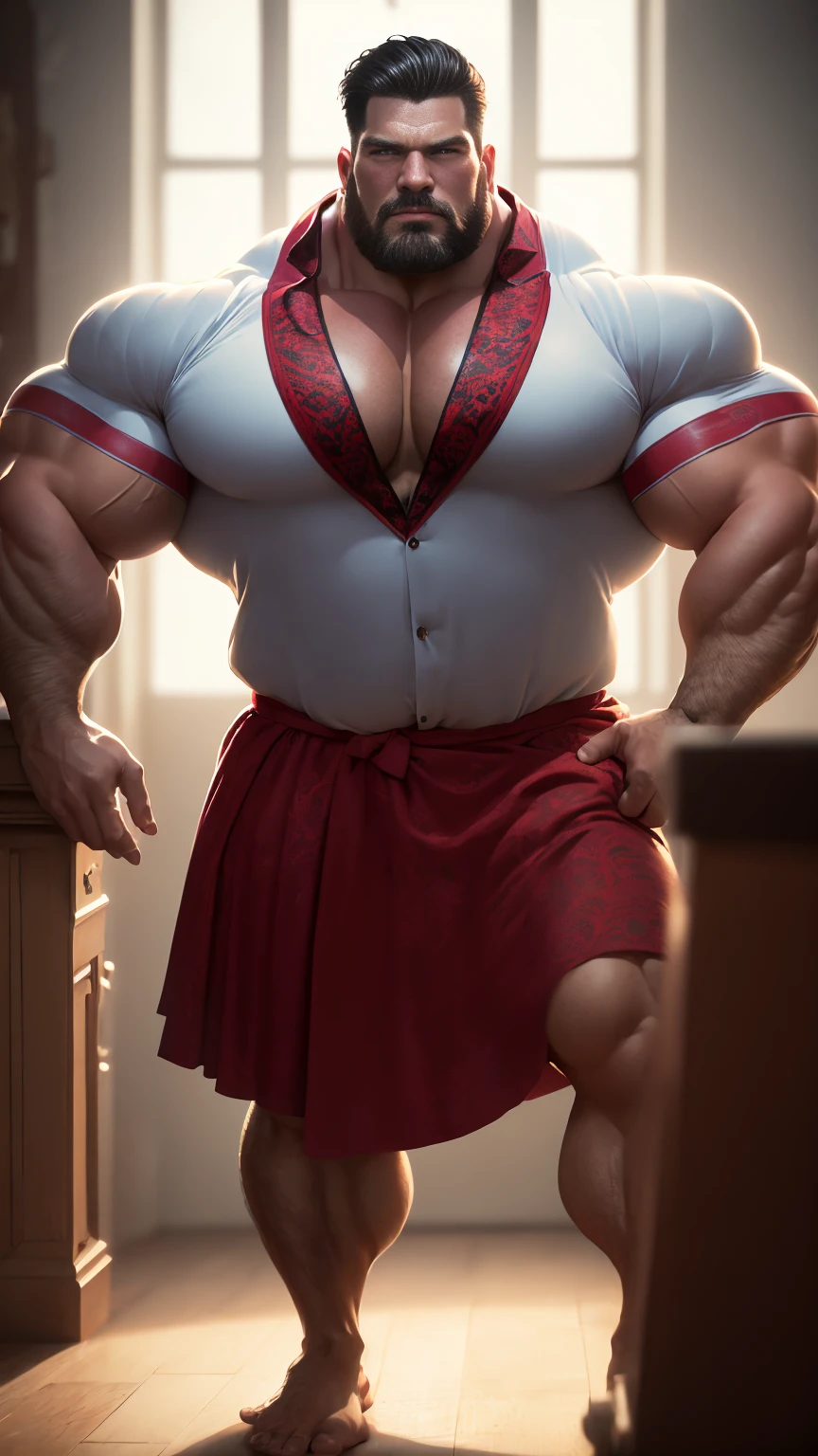 An award-winning original photo，A wild muscular man, (40 years old daddy:1.1), 1boy, Solo, (red print robe), (blue long print skirt), (white print shirt), (big shoulders, musculature, stubbles, Short beard, Beautiful eyes:1.3, ), (chengjianbin:1), (weizhenrong:1), (Detailed face:1.3), Dynamic Angle, dramatic pose, voluminetric lighting, (Best quality, A high resolution, Photorealistic), Cinematic lighting, Masterpiece, RAW photo, Intricate details, hdr,