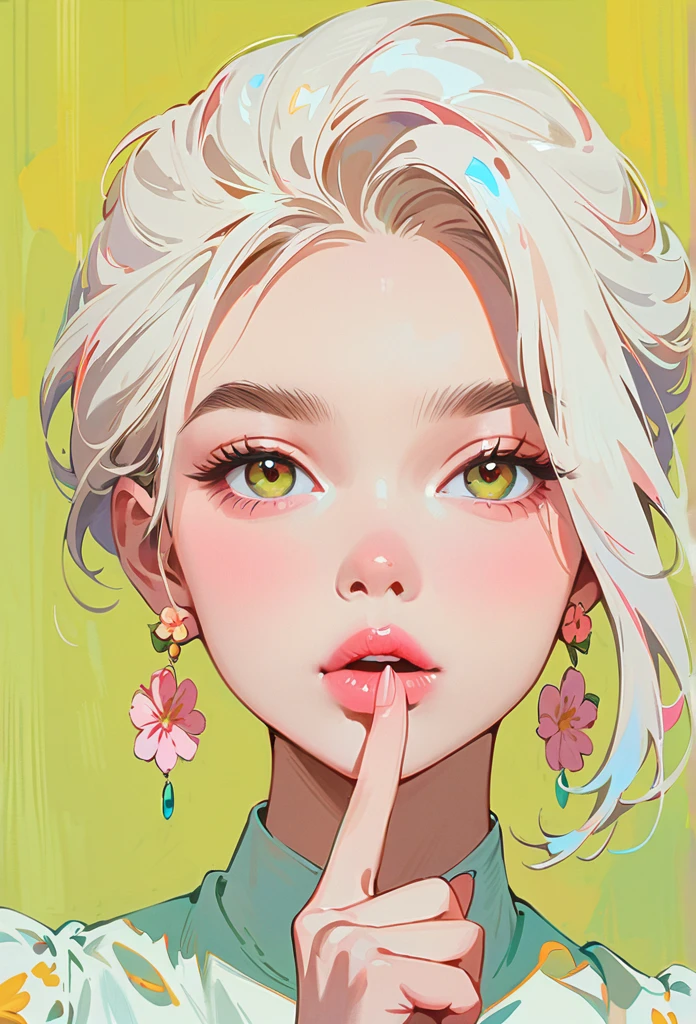 (masterpiece, best quality:1.2), 1 girl, Solitary，anime style，White hair, Girl with pink lips and light floral earrings puts finger on mouth，With the style of a top portrait painter, Yellow-green background.