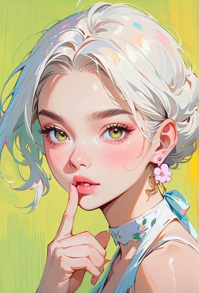 (masterpiece, best quality:1.2), 1 girl, Solitary，anime style，White hair, Girl with pink lips and light floral earrings puts finger on mouth，With the style of a top portrait painter, Yellow-green background.