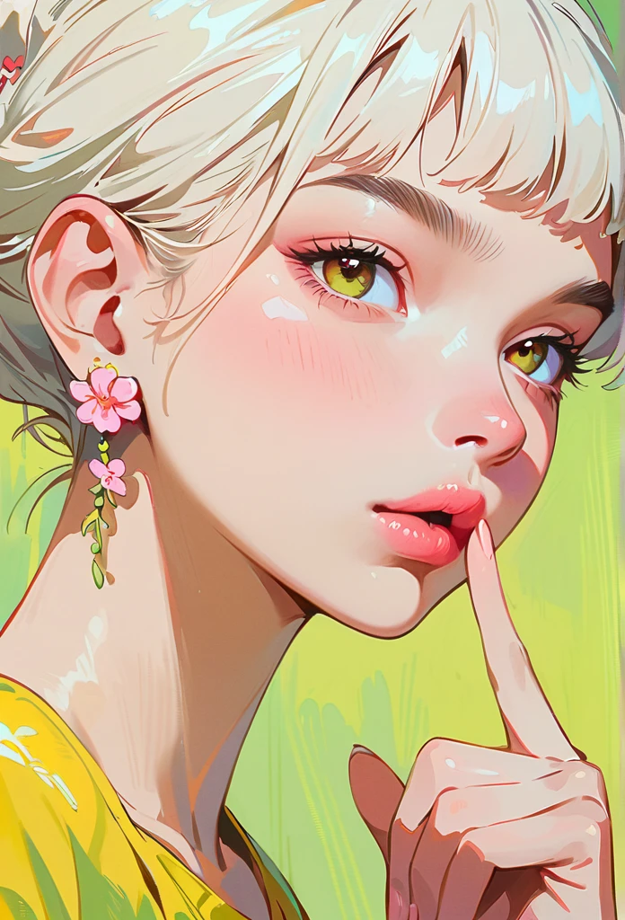 (masterpiece, best quality:1.2), 1 girl, Solitary,anime style,White hair, Girl with pink lips and light floral earrings puts finger on mouth,With the style of a top portrait painter, Yellow-green background.