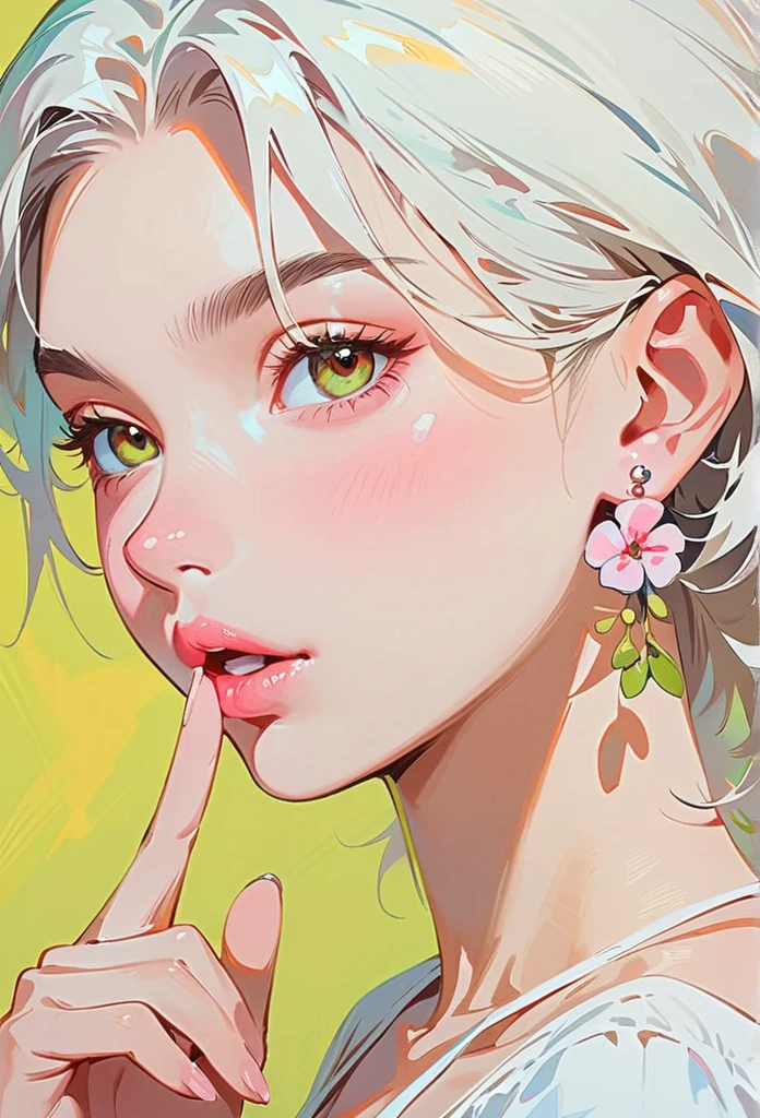 (masterpiece, best quality:1.2), 1 girl, Solitary,anime style,White hair, Girl with pink lips and light floral earrings puts finger on mouth,With the style of a top portrait painter, Yellow-green background.