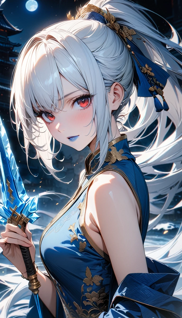 Adult woman, long white hair, high ponytail, red eyes, blue lipstick, blue Chinese dress, blue hanfu, white elements, golden elements, sleeveless, open shoulders, ice blade, moon, Masterpiece, best quality, Full HD, 8k, ultra details, great graphic
