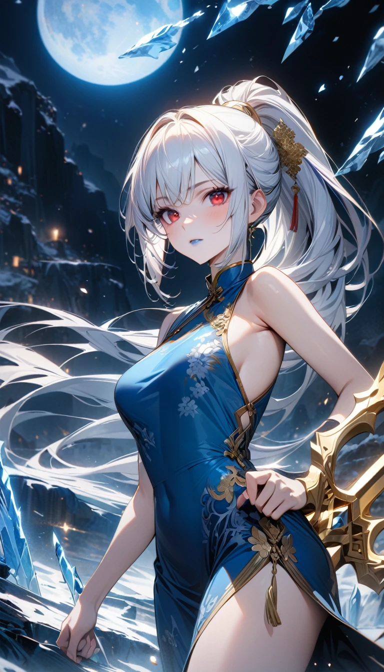 Adult woman, long white hair, high ponytail, red eyes, blue lipstick, blue Chinese dress, blue hanfu, white elements, golden elements, sleeveless, open shoulders, ice blade, moon, Masterpiece, best quality, Full HD, 8k, ultra details, great graphic