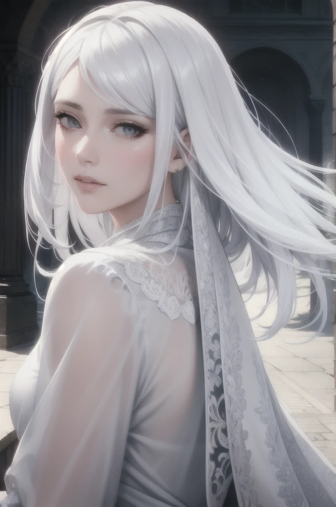 masterpiece, best quality, (realistic), (perfect face), intricate, beautiful scenery, sharp focus, cinematic lighting, 1woman, white hair,