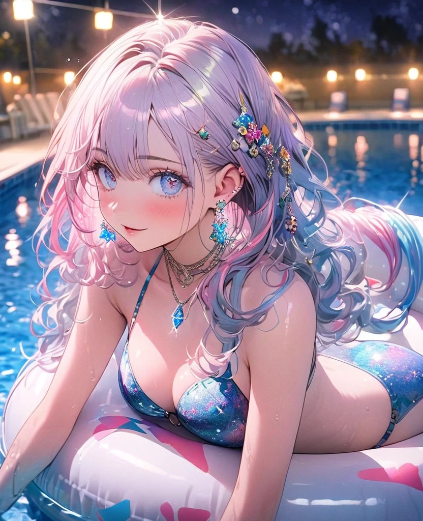 8K,gal，an extremely delicate and beautiful,Beautiful and realistic skin,Shiny jewel-like earrings,Shine like glitter long colorful hair,beautiful eyes,bikini,float ring,beautiful night pool,glitter background