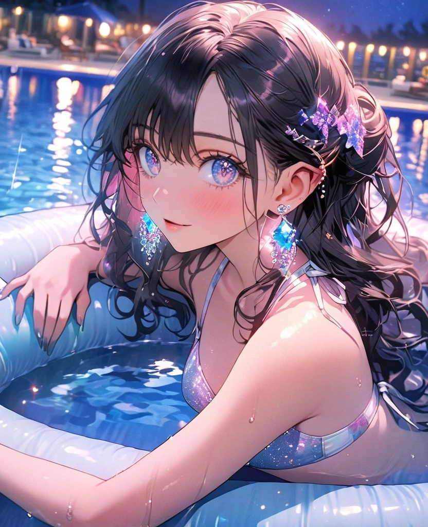 8K,gal，an extremely delicate and beautiful,Beautiful and realistic skin,Shiny jewel-like earrings,Shine like glitter long colorful hair,beautiful eyes,bikini,float ring,beautiful night pool,glitter background