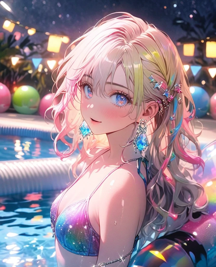 8K,gal,an extremely delicate and beautiful,Beautiful and realistic skin,Shiny jewel-like earrings,Shine like glitter long colorful hair,beautiful eyes,bikini,beautiful pool,slide down the waterslide,glitter background,full body