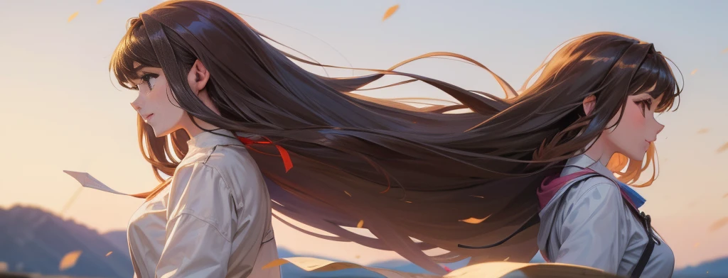 A side profile of a very beautiful young lady, she has long brown hair, her hair flew by the wind, beautiful smile, she's so beautiful