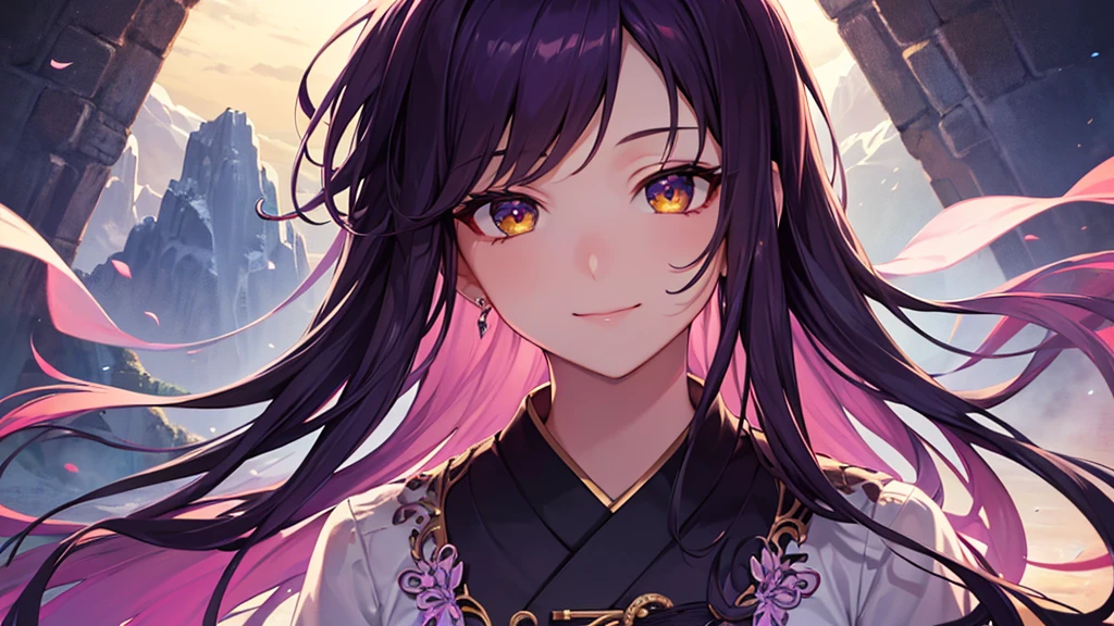 Highest quality, 8k, 4K, High resolution, High Contrast,1girl,only,Beautiful dark purple hair,(Beautifully detailed face), Yellow clear eyes, beautiful eyes, A gentle expression of love, smile, Moderate bust, 20generation, Wearing an amethyst, Deep purple gemstone, Based on purple, Detailed and beautiful natural scenery, Noble Japanese Clothing
