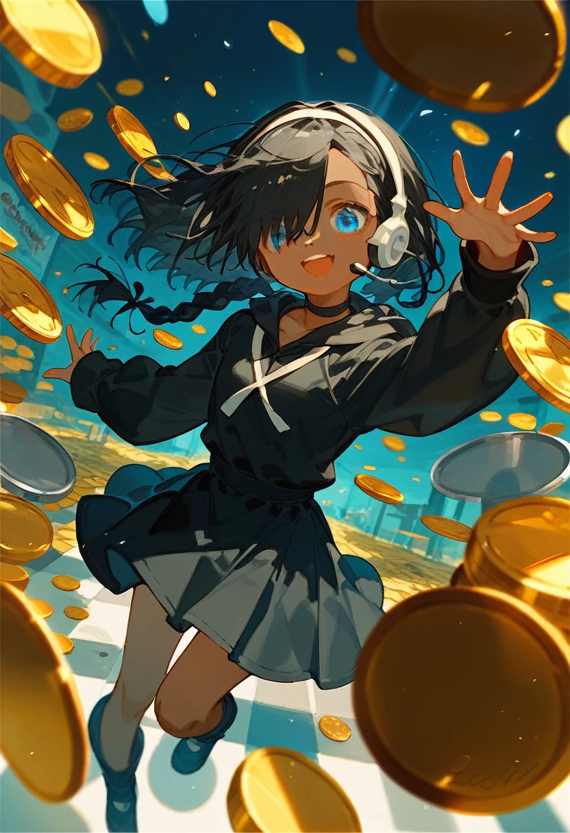(score_9,score_8_up,score_7_up), 1girl, :d, dark skin, best quality, coins, wonderland, wind, dynamic angle, looking at viewer, kawaii, promotional art, blue eyes, black hair, braid, choker, hair over one eye, hairband, long sleeves, looking at viewer, open mouth, black hoodie, skirt, headset, smile, listening to music, solo, white hairband, black skirt, busy futuristic street, night, graffiti on wall, full body picture.