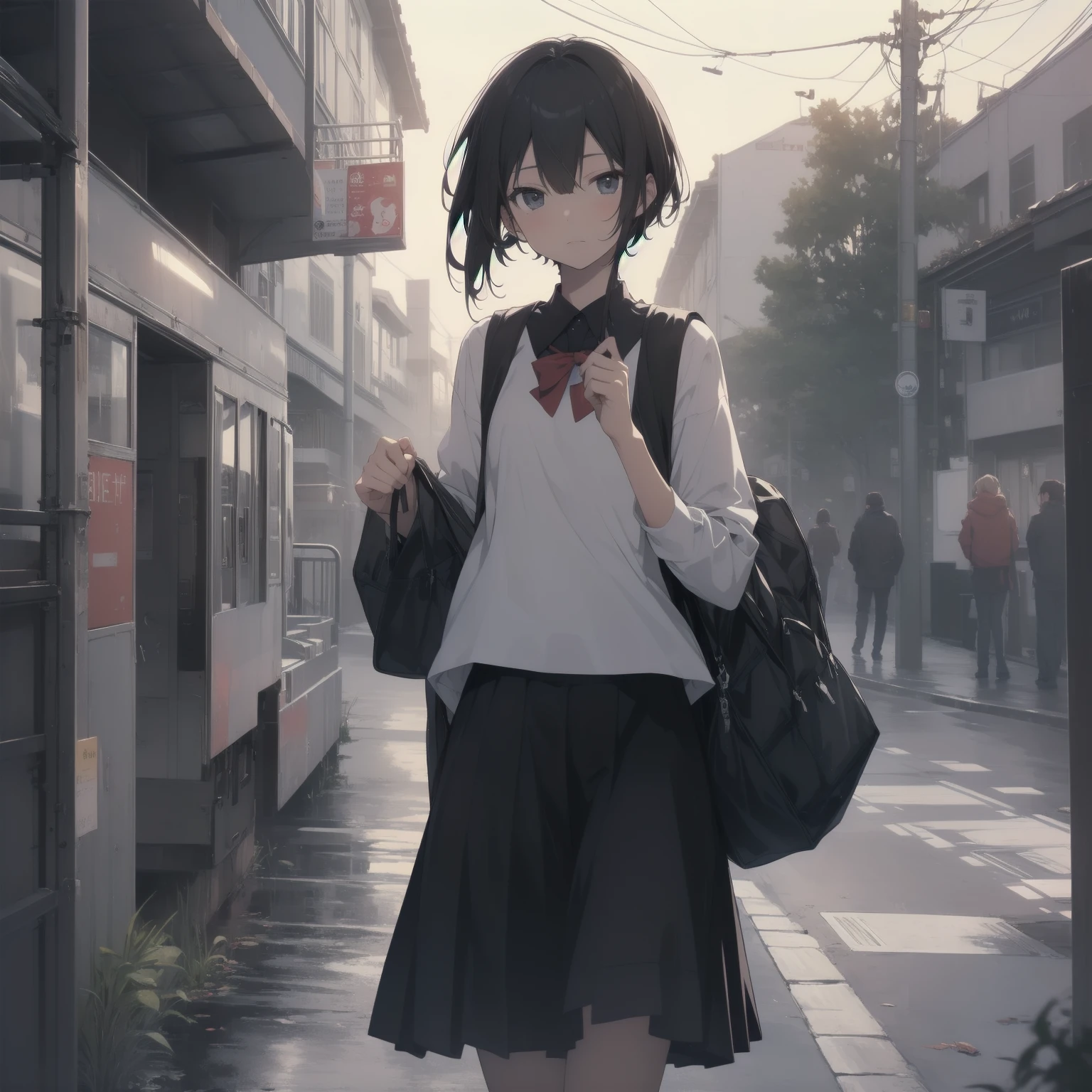 ultra-absurdres-Top quality by artist God, ultra-detailed, high resolution, anime moe artstyle, best anime 8k konachan wallpaper, pixiv contest winner, pool:2810, perfect anatomy,break, 1girl, (Please draw a girl walking sleepily to school alone. )break,(Solo,little female, 13-year-old:1.3),Full limbs, complete fingers,a junior high school student, (very short hair), short cut, flat chest, , small butt, small black eyes, beautiful detailed eyes, well-proportioned iris and pupils, expressive eyes, highres detailed hair, soft expression, salor school_uniform, sailor collar, serahuku, bow, pleated skirt,(Detailed Lighting), (Detailed background), in the School commute route. break,super detailed skin, Best cinematic lighting powered by famous artist, 8k,beauty illustration,photoshop_(medium),very aesthetic,break,((artist:yuuhagi_(amaretto-no-natsu) )), artist:clamp ,artist:carnelian ,artist:kantoku ,
